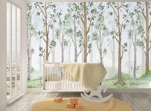 Forest Wall Mural Kids Wallpaper Watercolor Illustration Nursery Paper Poster - 第 4/6 張圖片