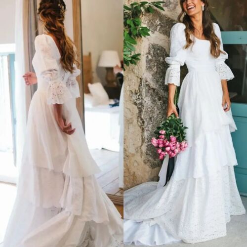 Elegant White Wedding Dresses Floral Sleeve Ruffle Tiered Lace Skirt Bridal Gown