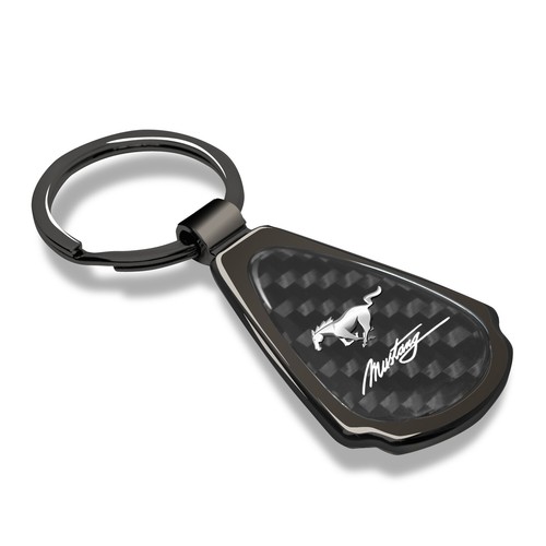 Mustang Script Real Black Carbon Fiber Gunmetal Black Metal Teardrop Key Chain - Picture 2 of 6