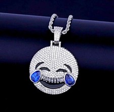 NEW Crying Laughing Sapphire Tears AAA Zircon Ice Emoji Pendant 22" Necklace