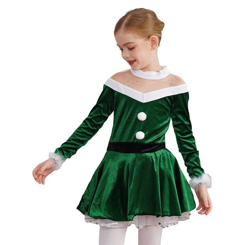 Kids Girls Velvet Christmas Figure Ice Skating Dress Santa Claus Party Costume - Picture 55 of 76