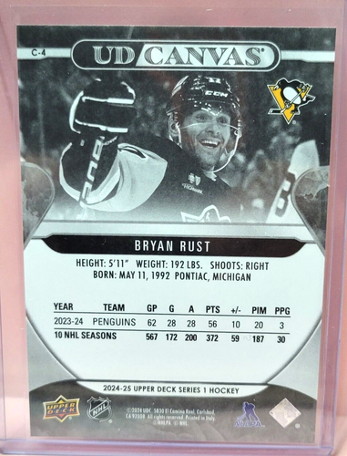 Bryan Rust ~ 2024-25 Upper Deck Series 1 BLACK & WHITE UD CANVAS #C-4 - Picture 2 of 2