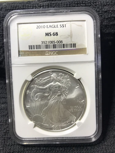2010 $1 AMERICAN SILVER EAGLE NGC MS68 CLASSIC BROWN LABEL