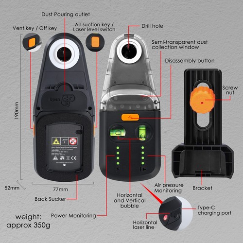 Wall Mount Electric Drilling Dust Collector Horizontal & Vertical Bubble Level - Picture 9 of 9