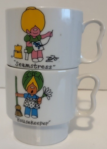 Vintage Stacking Porcelain Mug Set of 2 Working Class Cartoon Girl each 3" tall - Picture 5 of 8