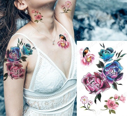 Flowers Bird Womens Temporary Tattoos Fake Sticker Tattoo Chest Arm Waterproof - Picture 2 of 5