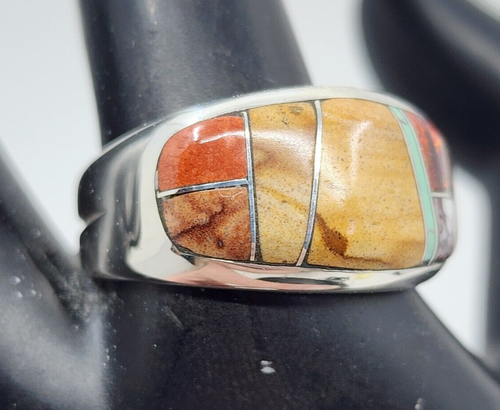 Lazuli Designs Navajo B. Joe Sterling Assorted Stone Inlaid Mens Ring Size 12 - Picture 4 of 11