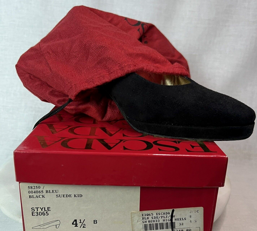 Vintage Escada Black Suede/Kid 4-1/2B Pumps 1/2" Platform Sole 2-1/2" Block Heel - Picture 13 of 16