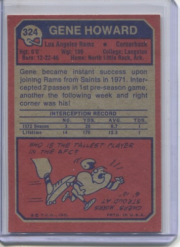 1973 Topps Gene Howard #324 Los Angeles Rams Football Card - Picture 2 of 2