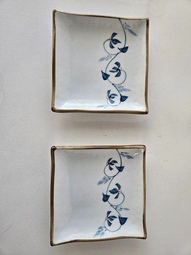 2 World Market Handpainted Square Tapas Sushi Plates Blue Floral Brown 5 " - Picture 2 of 6