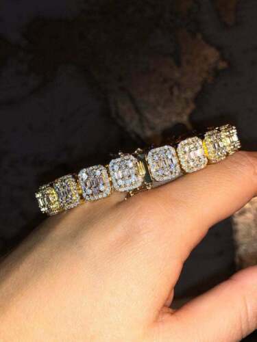 Men's Baguette Tennis Link Chain Bracelet 14K Yellow Gold Over Round Cut Diamond - Picture 3 of 5
