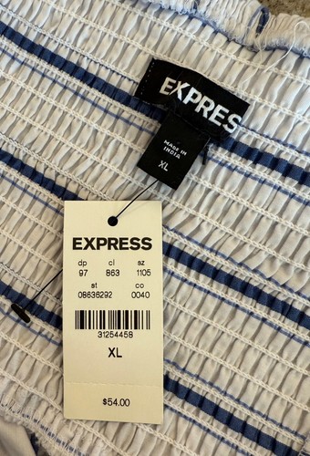 EXPRESS New White/Blue Pinstripe Ruffled Peplum Strappy Cami Crop Top $54 NWT XL - Picture 7 of 8