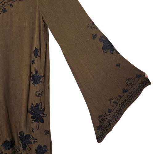 Free People Embroidered Tunic Top Bell Sleeve Boho Brown Gauzy Short Dress M - Picture 6 of 10
