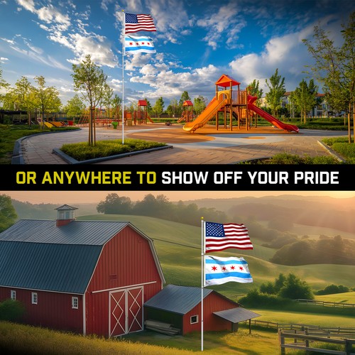 20 Ft Telescoping Flagpole Silver & American and Chicago Flags Spun 3x5 Ft - Picture 6 of 9