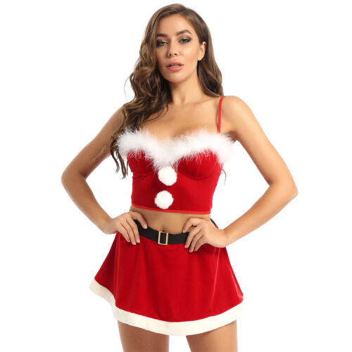 Women's Christmas Santa Mini Skater Skirt with Crop Top Santa Cosplay Costume - Picture 18 of 48