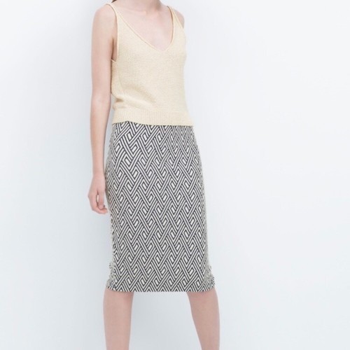 Zara Midi Rock M schwarz-weiß geometrisches Muster Strick Jacquard Bleistift Midi - Bild 1 von 7