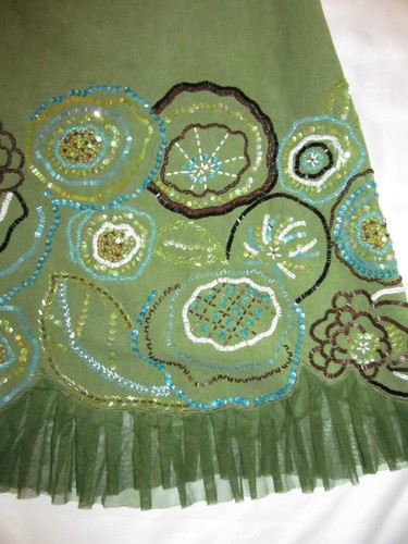 BASIL & MAUDE stretchy corduroy green beaded sequned boho wearable art skirt 2 * - Picture 2 of 8