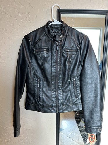 JOU JOU Juniors Vegan Leather Faux-Fur Lined Zip Moto Jacket Black Medium M Coat - Picture 3 of 13