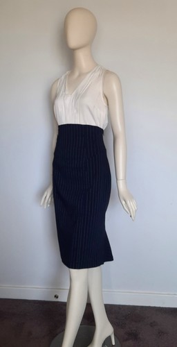 Taco Talla 10 Azul Marino Rayas Cintura Alta Retro Falda Lápiz Volantes Dobladillo Trasero - Imagen 5 de 13