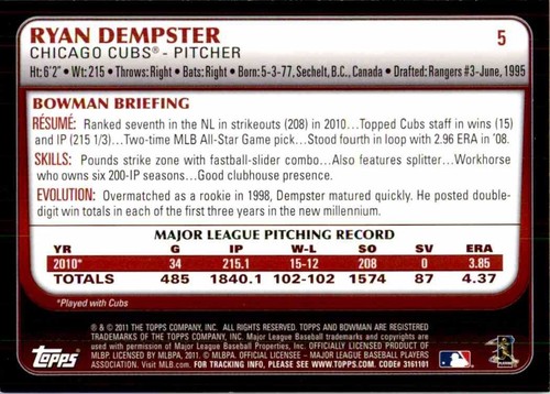 2011 Bowman Ryan Dempster Chicago Cubs #5 - Picture 2 of 2