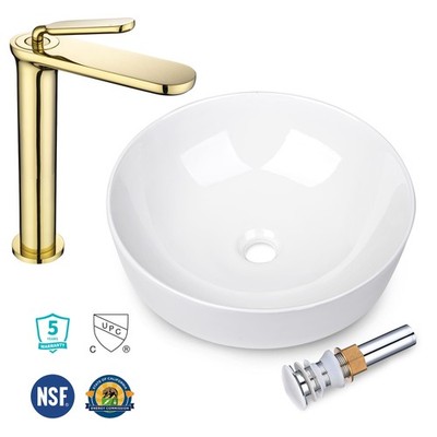 16'' Ceramic Bathroom Vessel Sink and Gold Vanity Mixer Faucet w/Pop Up Drain Kit