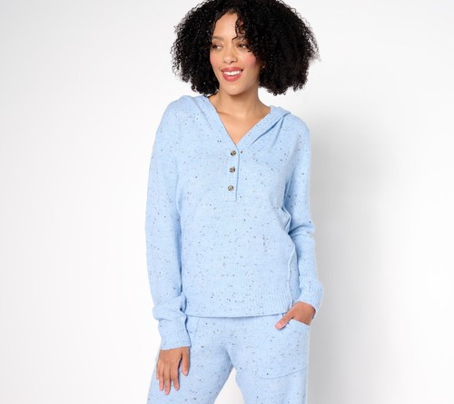 Anybody Women's Top Sweater Sz XS Flecked Henley Pullover with Hood Blue A670915