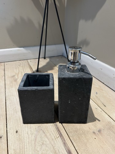 Dark Grey Stone Soap Dispenser & Toothbrush Holder Bathroom Accessories - Picture 2 of 3