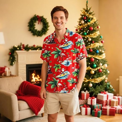Christmas Xmas Santa Claus Unisex Hawaiian Shirts Flamingo Floral Shirt - Bild 3 von 6