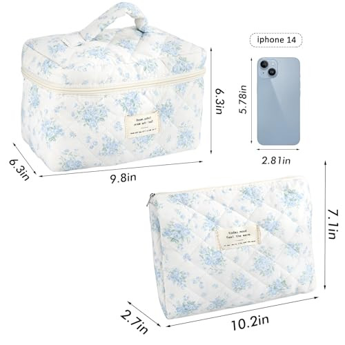 2Pcs Cotton Quilted Makeup Bag for Women Girls Large Small CJ 2PCS Pale Blue - Picture 4 of 7