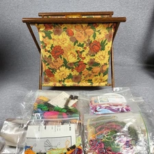 Vintage MCM Folding Sewing Stand With Floral Fabric Bag & Craft Supplies