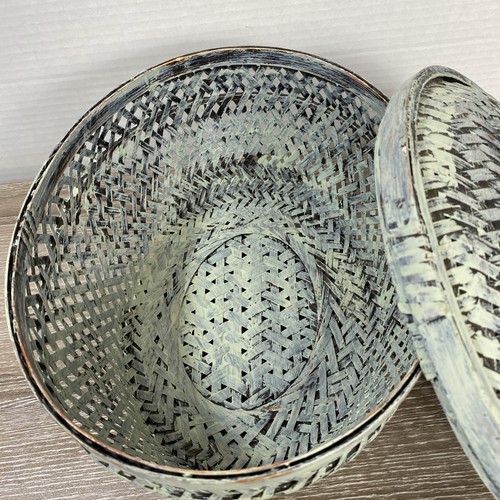 Cesto contenitore ovale bambù con coperchio tessuto verde vintage alto 6" - Foto 6 di 13