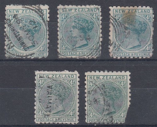 NEW ZEALAND 1893 QV SSF ADVERT 4d. GREEN (x5) USED FAULTS (ID:061/D66301) - Picture 2 of 2