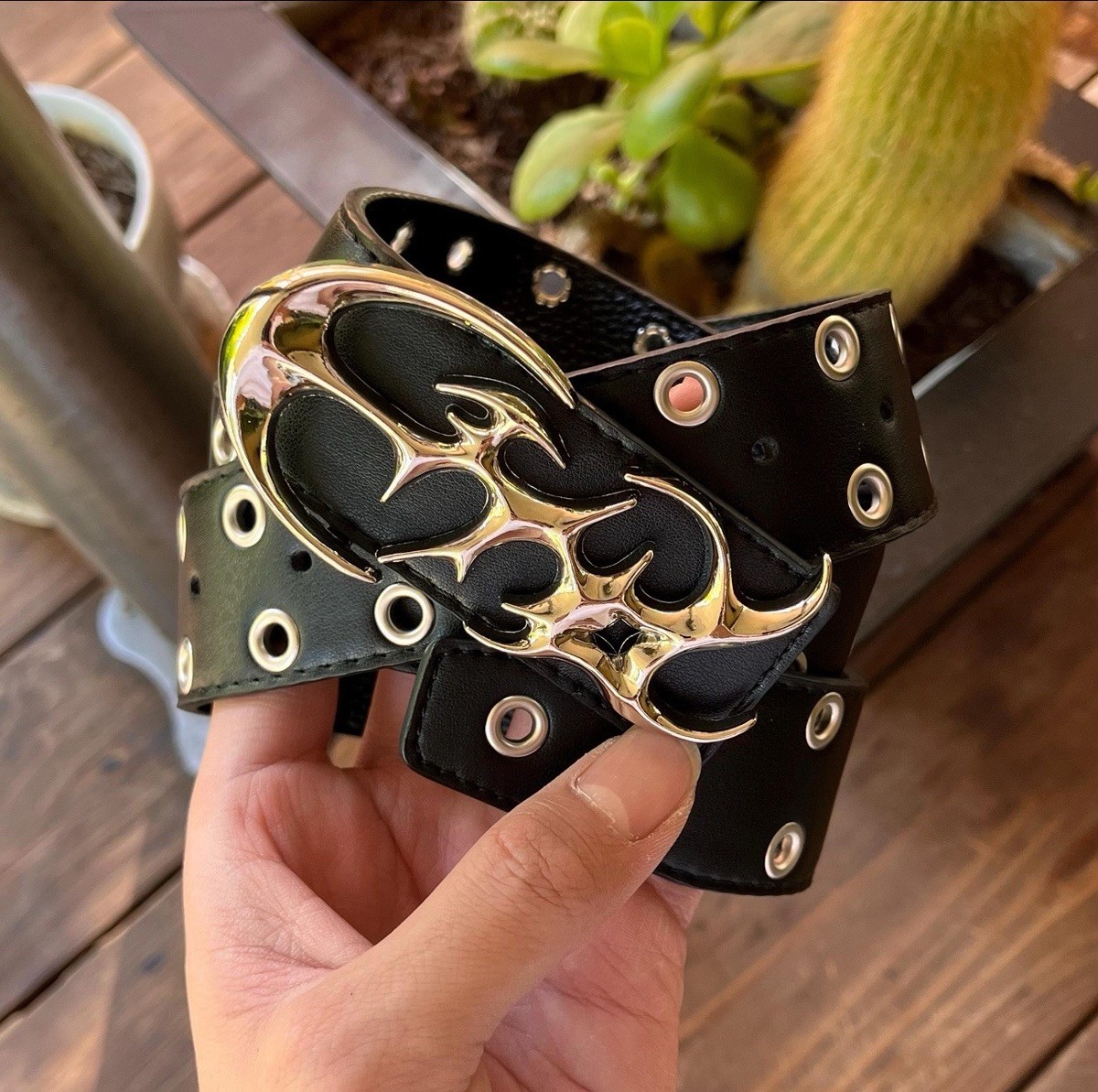 y2k/2000s Faux Leather Double Hole, Metal Thorn Buckle