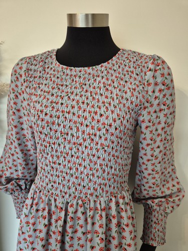 LEONI Sz 10 Womans Floral Midi Dress Blue Red Ruched Shirring Bodice Cuffs - Picture 2 of 12