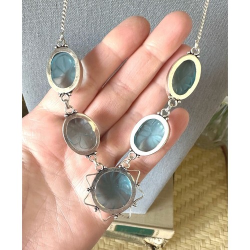 VTG Sterling Silver Hand Crafted Necklace With Blue Carved Stones Bezel Setting - Picture 6 of 6