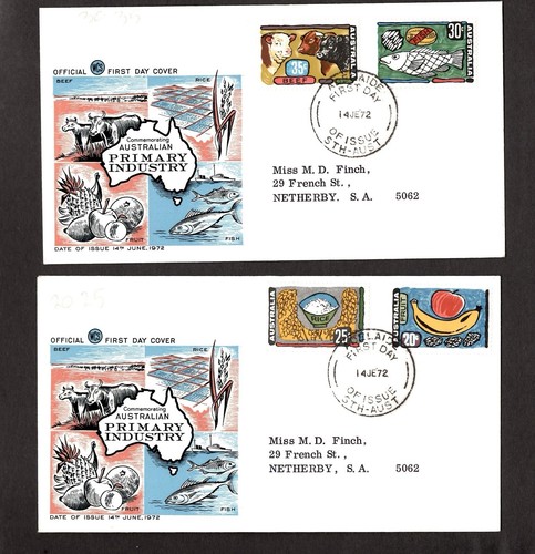 2 X 1972 Australian Primary Industry Wesley First Day Cover Adelaide Postmark