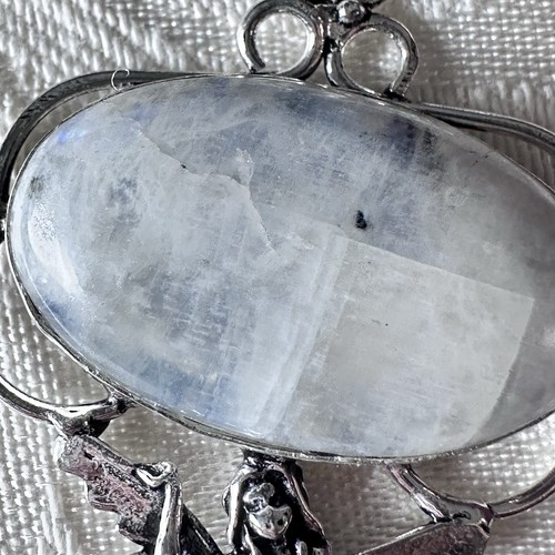Elegant Rainbow Moonstone Pendant Large Oval Stone Silver Tone Angel Fairy Motif - Picture 4 of 9