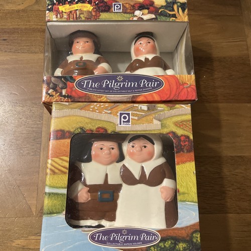 Publix PILGRAM PAIR -  Salt & Pepper Shakers ~ Napkin Holder  ~ From 2002 in Box - Picture 1 of 4