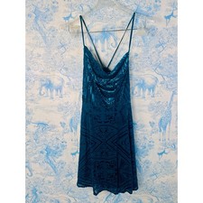 Y2K Urban Outfitters Teal Floral Burnout Velvet Mini Dress V-Neck Tie Small
