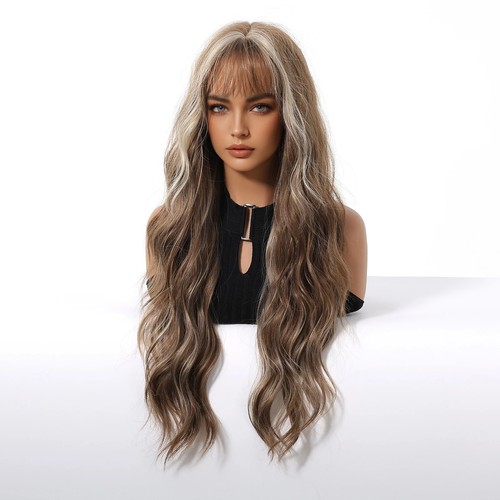 Brown Blonde White Ombre Water Wave Wig with Bangs - Heat Resistant Cosplay - Picture 4 of 10
