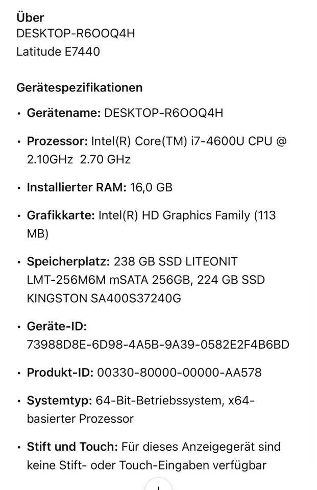 Dell Latitude E7440 i7 4600U 2,1GHz 16GB 256GB SSD 14" Win 10 home - Bild 4 von 4