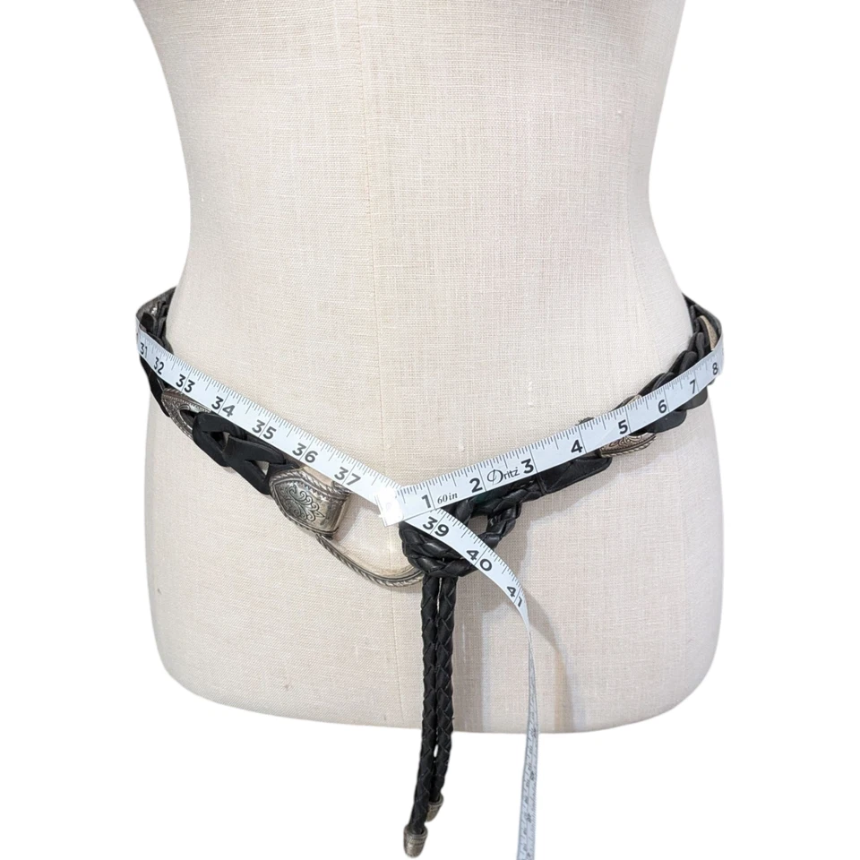 Cinturón envolvente doble barril cadena cuero negro años 90 de colección para mujer M-L hebilla plateada Foto 2 de 4