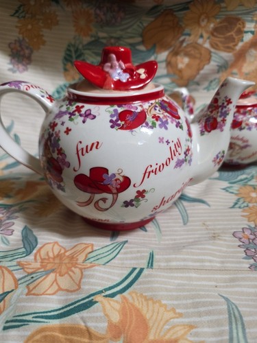 Two Pink Chintz Teapot Red Hat Society Cardew Design Porcelain 2004 - Picture 7 of 12