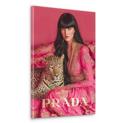 Prada Leinwand Bild Wandbild Fashion Frau Leopard Pink Luxus Wohnzimmer Büro