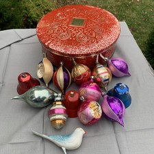 14 Vintage Glass Christmas Ornaments  Made In Poland USA w/ Vintage Tin
