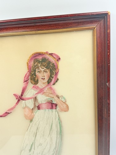 Vintage Petit Point Girl in Pink Bonnet 11.5x18 Frame - Picture 5 of 11