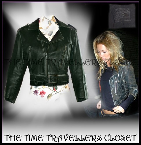 Kate Moss Topshop Rare Iconic Green Crop Aged Leather Biker Jacket Vtg UK 12 40 - Picture 3 of 7