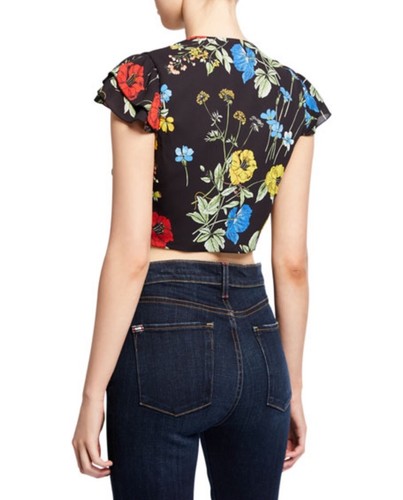 Blusa Alice + Olivia Zabel cropped avvolgente manica corta nera floreale donna taglia 8 - Foto 2 di 11
