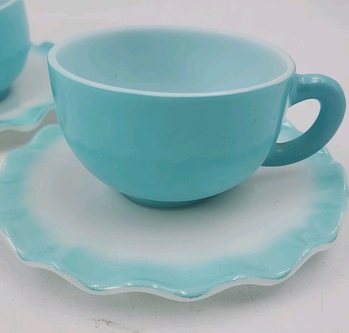 Vintage Set Of 2 Hazel Atlas Crinoline Teal/White Beaded Cup and Saucer - Picture 3 of 6