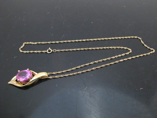 MYSTICAL Pink Lab Created ALEXANDRITE 10k Yellow LEAF Pendant Chain Necklace - Picture 5 of 8